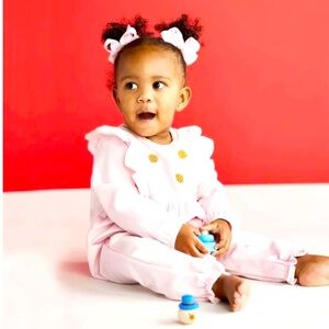 Mud Pie Baby Girls Pink Ruffle Velour One Piece Gold Polka Dots Size 12-18M